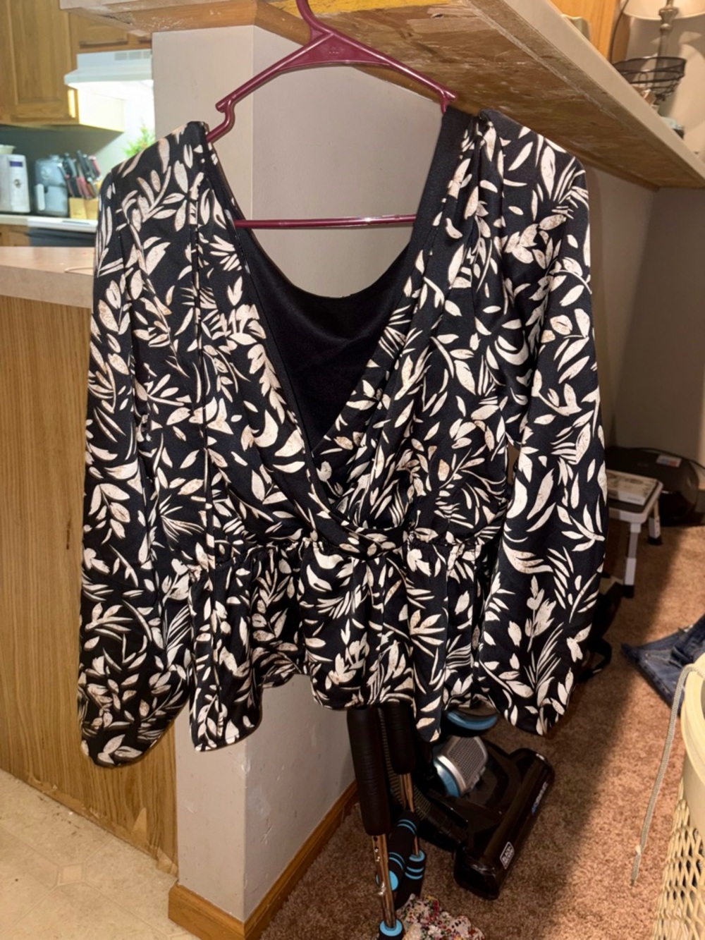 Gilli Black and Cream Floral Wrap Peplum Blouse